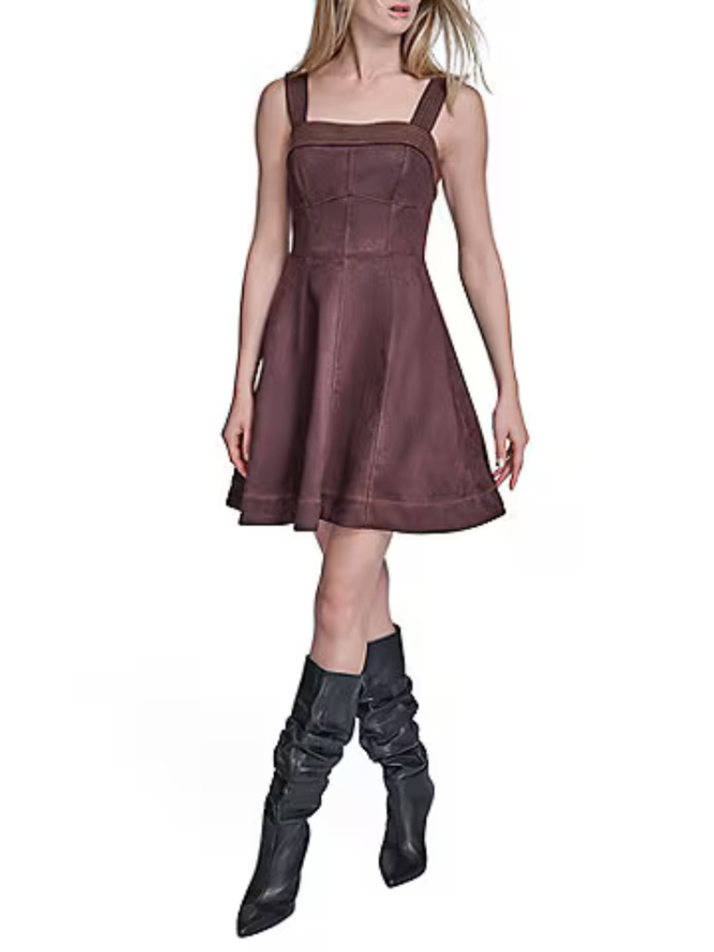 NWT BCBG Espresso Brown Gold Faux Suede Contrast Stitch Dress 8 - MSRP $149